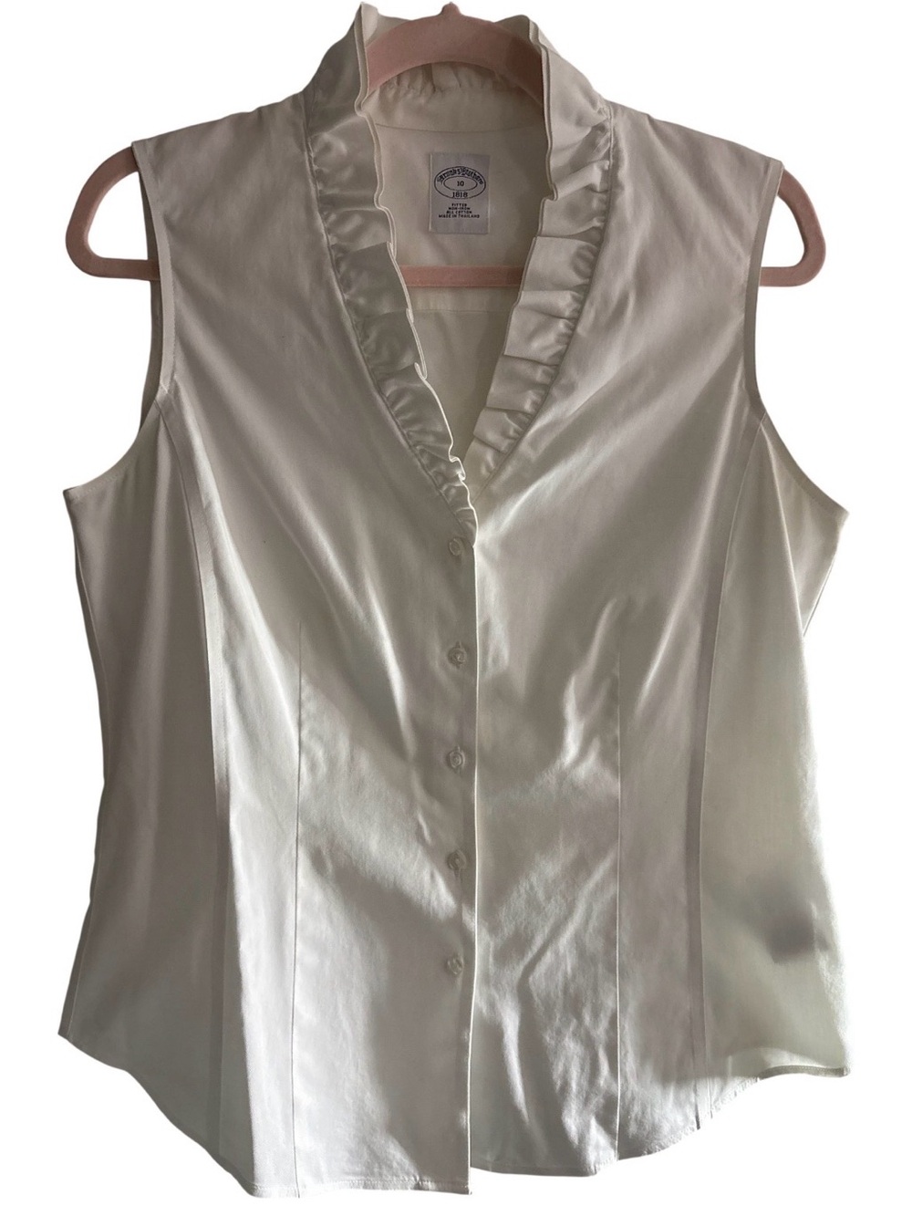 Brooks Brothers Classic Ruffled V-Neck White No-Iron Cotton Sleeveless Blouse 10